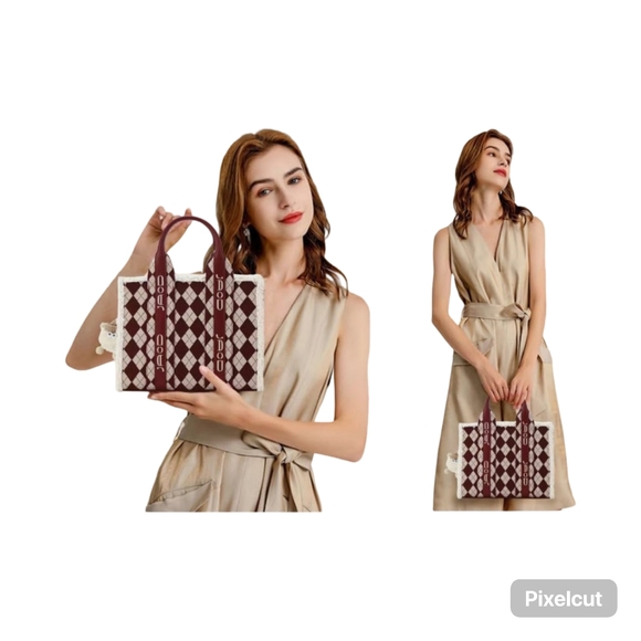 NWOT Red and Cream Tote Bag with strap and purse charm - Picture 5 of 11